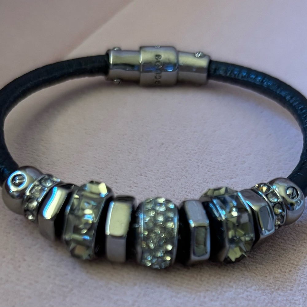 Vintage Henri Bendel Silver and Black Leather Beaded Bracelet